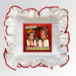 White Square Cushion With Personalized Photo and Red Lace Border